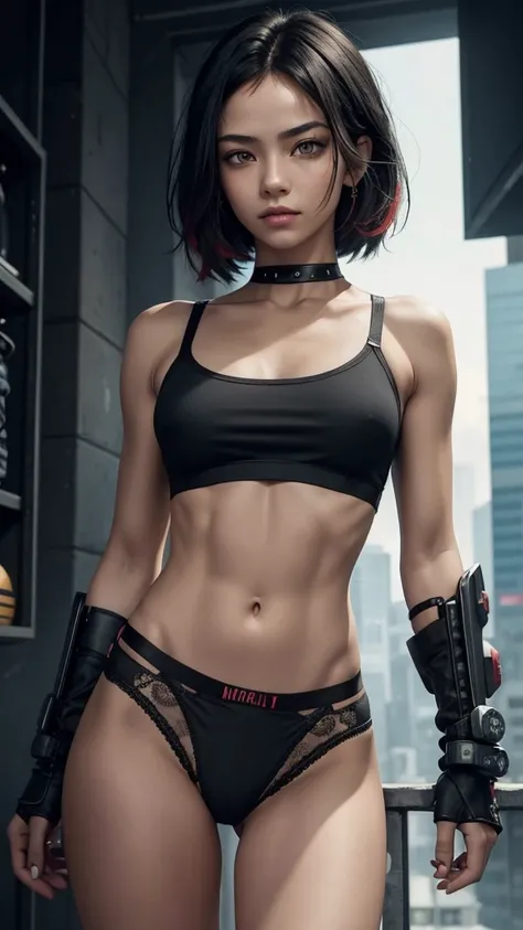 solo, 1girl, (masterpiece), ((16 year old appearance)), mohalk punk hair, small breasts, yellow eyes, ((detailed eyes)), (athletic body), (simple black cropped), (highcut sexy micro black top with red details Victorias Secret style), looking at the screen,...