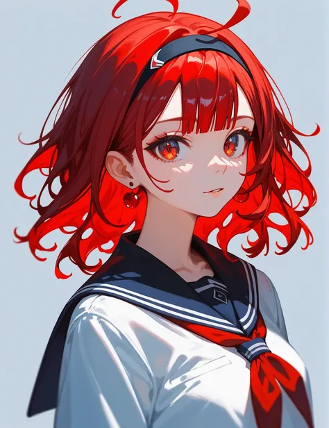 masterpiece, ultra-detailed, highly detailed, best quality, 1girl, looking at viewer, solo, red hair, multicolored hair, expressive hair, medium hair, ahoge, red eyes, blunt bangs, school uniform, hairband, earrings