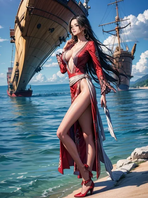 masterpiece, (Realistic:1.5), Highest quality, Beautiful lighting, Real Life, boa hancock, (only solo people ), 2 or more people NG, (perfect anatomy) , beautiful , , , , ,  , , large breasts , Cleavage, Slim waist, smile, , standing alone , Sweat-soaked s...