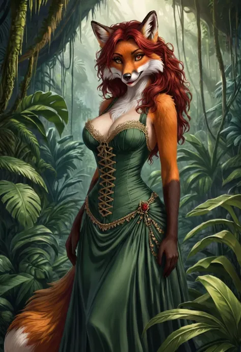 female fox mid transformation, solo, masterpiece, best art, victorian dress. detailed hands, detailed eyes, detailed torso, jungle, expression, transformation, human face, red shaggy hair. Hourglass figure. red lip stick, sexy pose.
