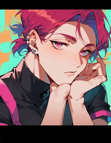 a boy with long purple and red hair, up to the shoulders, piercings na orelha, hot pink eyes, wearing feminine and short clothes...