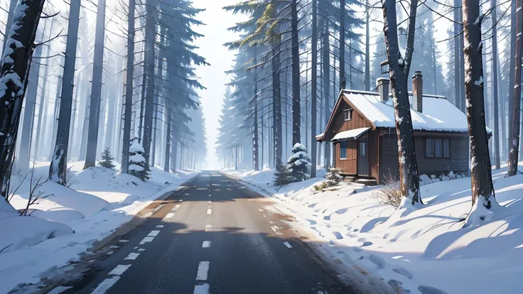 High level of image quality、Bright，clean，Snowy forest，Get off the road，Dark，cartoon，Empty scene