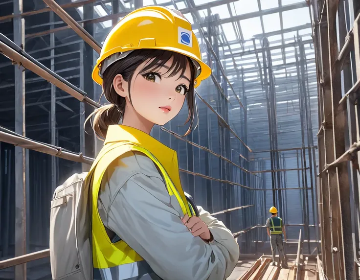 top of construction site made of Steel bars and concrete, masterpiece, top quality, highly detailed illustration, incredibly delicate and beautiful,8K,A Beautiful Asian woman dressed in work clothes is standing at the construction site,((She is carrying a ...