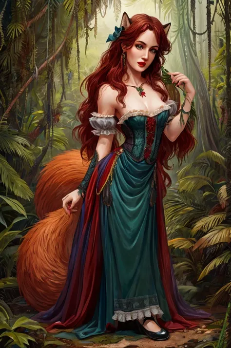 female fox mid transformation, solo, masterpiece, best art, victorian dress. detailed hands, detailed eyes, detailed torso, jungle, expression, transformation, human face, red shaggy hair. Hourglass figure. red lip stick, sexy pose.
