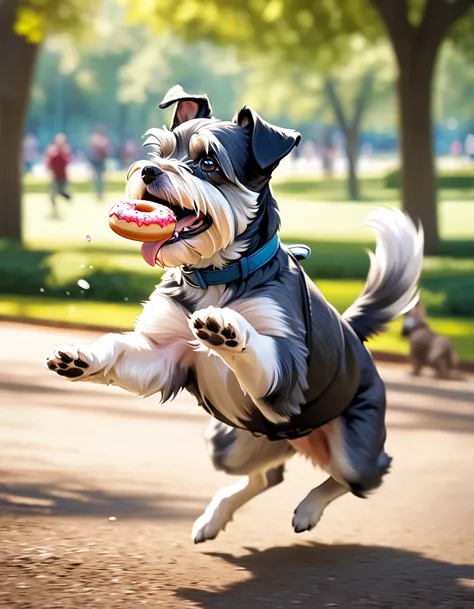 Two dogs jumping to catch a flying donut, Salt and pepper color、（Miniature Schnauzer）、Trying to take a big bite, Very detailed, Beautiful park background, Dynamic Action, Dramatic Motion Blur, Realistic, 8k, Very detailed, Vibrant colors, Professional phot...