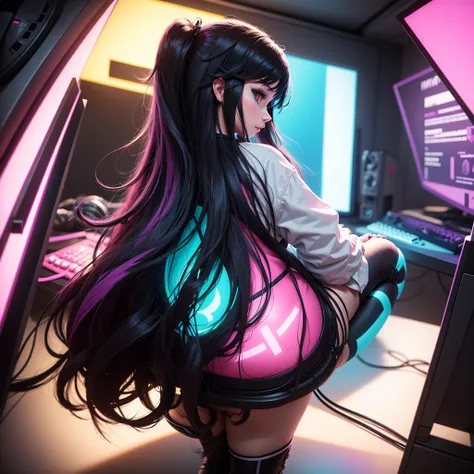 Gamer woman in a colorful setup  , back silhouette with long black hair. Live opening for twitch 