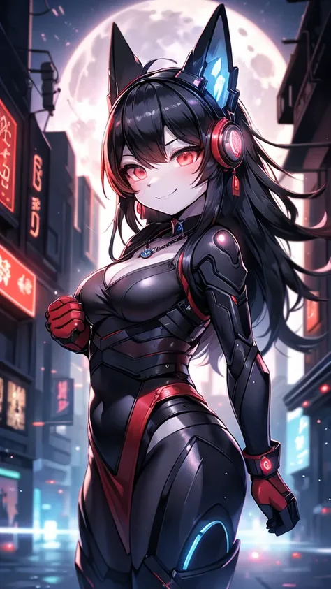 1 girl, Chinese_clothing, liquid black titanium and Red, Cyberhan, cheongsam, Cyberpunk city, Dynamic poses, Detailed glowing headphones, Glowing Hair Accessories, Long hair, Luminous Earrings, luminous necklaces, Cyberpunk, High-tech city, full of mechani...