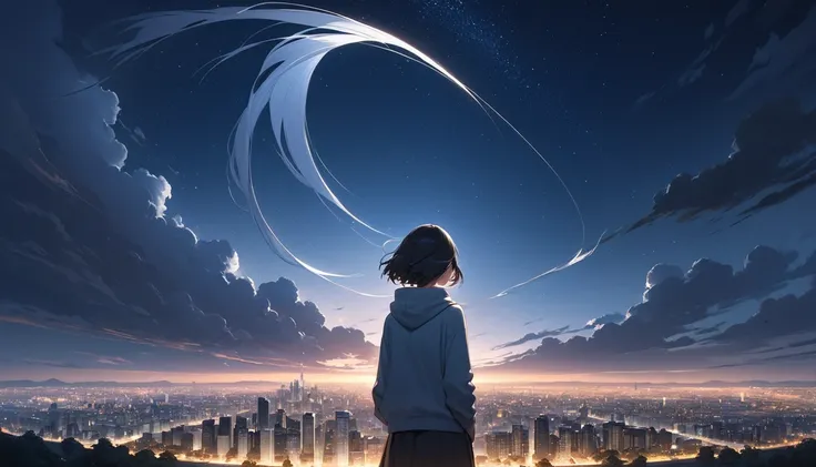 Starry Sky、One woman、Black Hair、Short Hair、Hair blowing in the wind、Wearing a hoodie、Back view、Full body portrait、Overlooking the city from afar