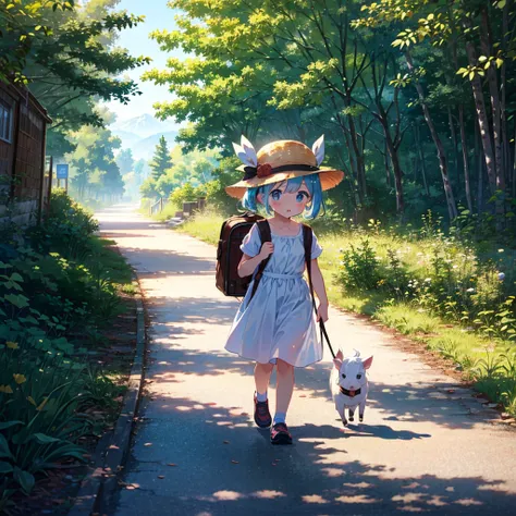 {{{Masterpiece, highest quality, high resolution background}}}, bright and beautiful atmosphere, 1 girl (5 years old, round face, baby face, young, child), small breasts, summery clothes, {{{((rural A girl walking down the street wiping her sweat))}}} carr...