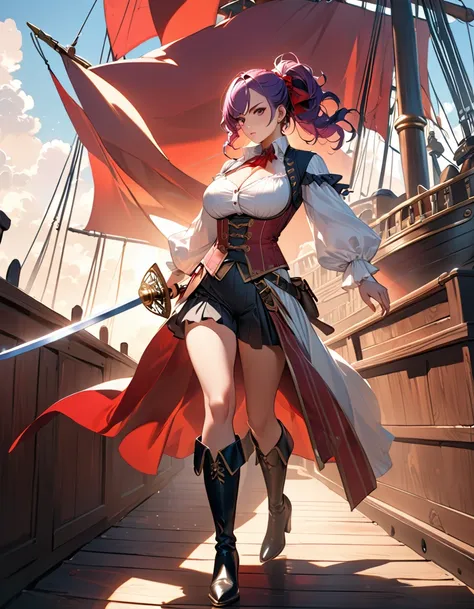 a portrait of a woman pirate holding a ((sword: 1.5)) on a pirate ship ready for battle, ((full body: 1.5)), ((anatomically corr...