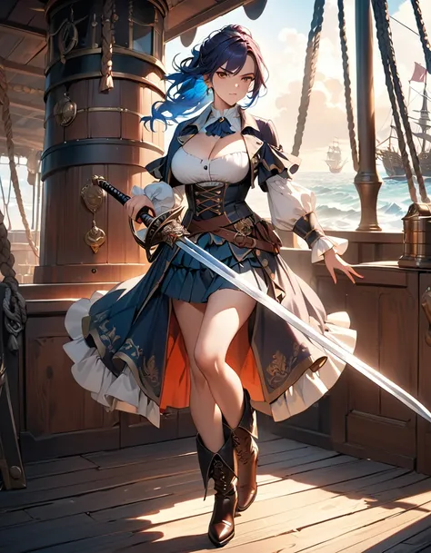 a portrait of a woman pirate holding a ((sword: 1.5)) on a pirate ship ready for battle, ((full body: 1.5)), ((anatomically correct: 1.5)), (ultra detailed face: 1.2), looking tense, looking dangerous,  dynamic eye color. dynamic hair color, dynamic hair s...