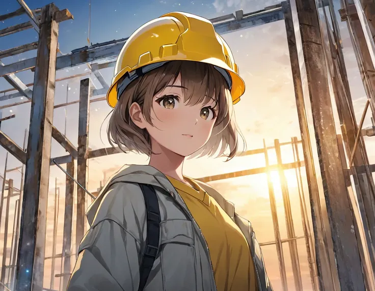 top of construction site made of Steel bars and concrete, masterpiece, top quality, highly detailed illustration, incredibly delicate and beautiful,8K,anime,A Beautiful Asian woman dressed in work clothes is standing at the construction site,((She is carry...