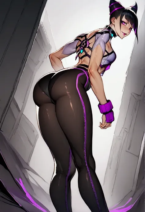 Juri Han,standing backwards,looking back,beautiful young fitness woman with , in a gym wearing May with black pantyhose, white and purple gym jacket. standing alone,hair horns,bright purple eyes,Evil smile,legging preto aura roxa,super bright purple right ...