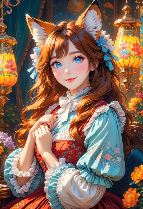 A women with a furry face and fox ears.A female with a furry face and fox ears. masterpiece, best art, victorian dress. detailed hands, detailed eyes, sexy pose. soft features. adorable vibes. bright colors. cheerful lighting. bright and crisp.
