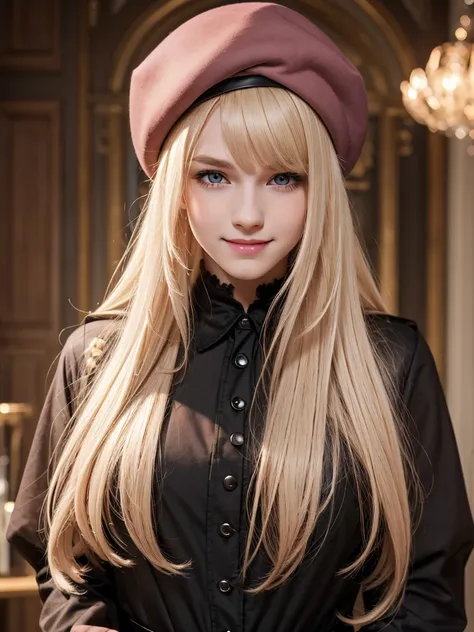 (best quality), 1boy, male, porcelain skin, blonde hair, straight hair, long hair, swept bangs, brown eyes, perfect eyes, beret,...