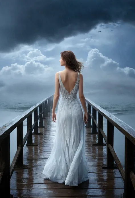 ((best quality)), ((masterpiece)), (detailed), 1 Sexy Woman，seaside，Trestle,cloud，rain，fog