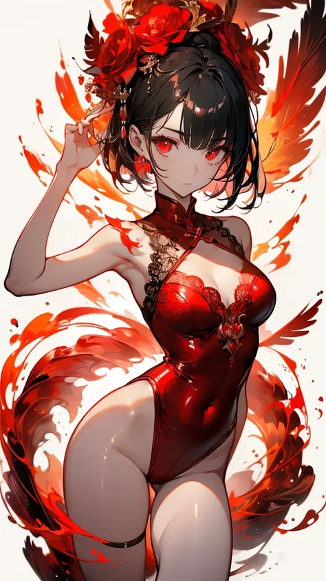 ((masterpiece, best quality)), Delicate face，Chinese Girl，whole body，Standing picture，Perfect body proportions，Long legs，Short hair handsome，Beautiful red glowing eyes，Fantasy style，White background，Extremely beautiful，transparent，Sexy Lingerie，sexly，Flame...