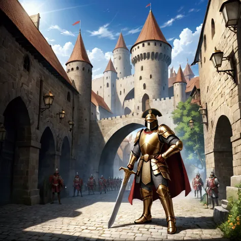 A man(Warriors of the European Middle Ages，Soldier，guardsman)，Wear a helmet，Wearing armor，Holding a sword，Holding a shield，Stand at the city gate。Mid-ground composition，Full body pictures，Characters and scenes，Anime style，Magic style，Suitable for card illu...