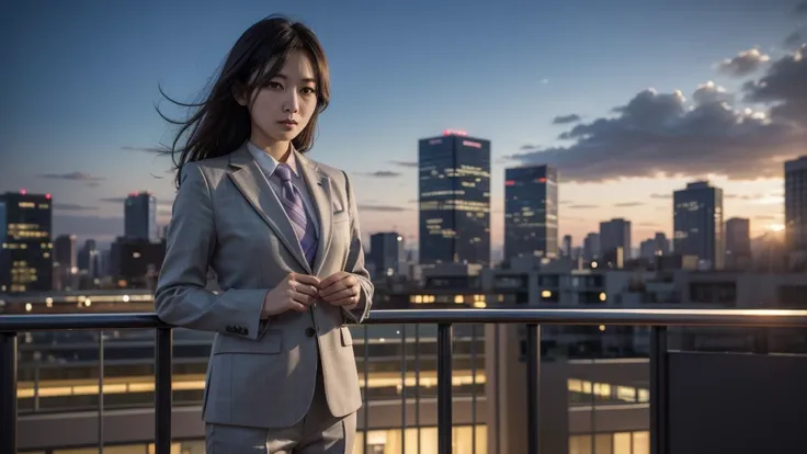 "A high-quality image of a Japanese reporter, dressed in a professional suit, standing in front of a modern cityscape. The background features iconic Japanese architecture and bustling city life. The reporter is holding a microphone and has a serious yet a...