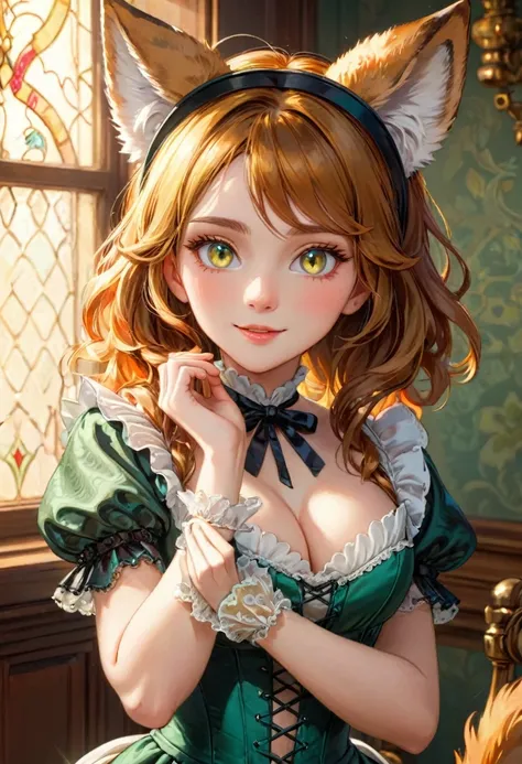 A human female with a furry face and fox ears. masterpiece, best art, victorian dress. detailed hands, detailed eyes, sexy pose. soft features. adorable vibes. bright colors. cheerful lighting. bright and crisp.
