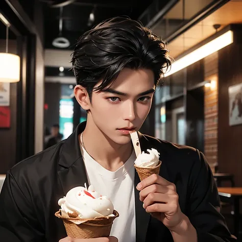 Cinematic Photo of a handsome Indonesian man 30 y.o fashion model, medium black hair, he is happy. Eating ice cream 