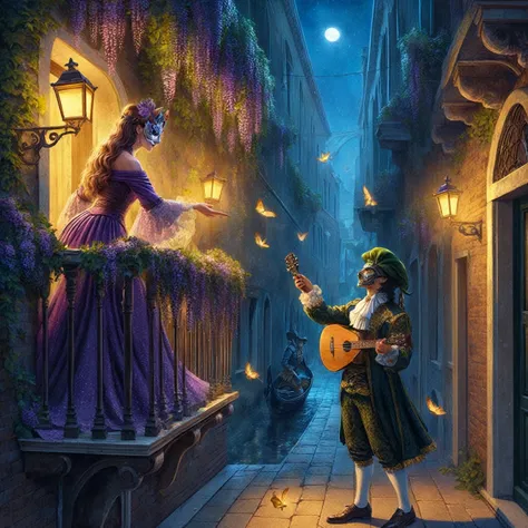 Painting of a man and woman in Renaissance dresses, playing guitar, Michael Horse (unreal engine, Darrell K. sweet, Alexander Kucharsky, inspired Michael Cheval, Fantasy Victorian art, Inspired by Gaston Bussière, Pino Denis and Dan Mumford, realistic fant...