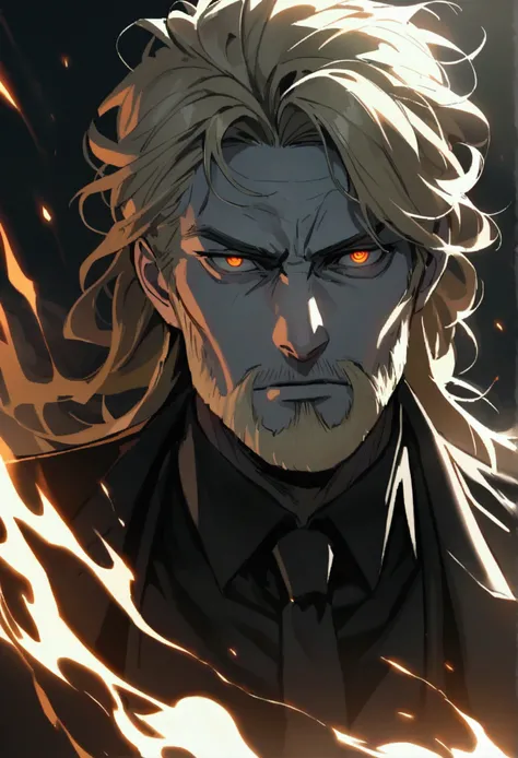 Pale skin and a gaunt face. Romanian ethnicity with messy blond hair and short beard. Wearing a black suit and black shirt, with intense almond eyes smouldering. A sense of power and authority. A rugged appearance. Young man. tiered eyes