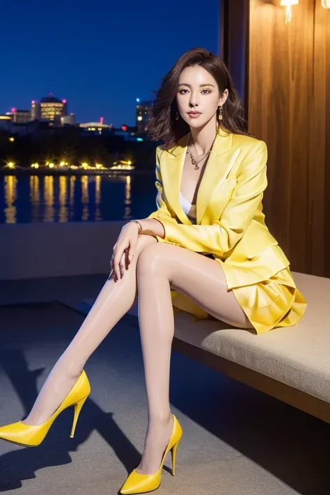 ((Highest quality、Ultra-high resolution、masterpiece))、(Full Body Portrait)、Yellow Blazer、(blouse:1.1)、(Yellow long skirt:1.3)、(silk pantyhose)、(Sitting down, her high heels and legs look beautiful.)、1 girl、Mid-chest、(Perfect Anatomy, Perfect body, Perfect ...