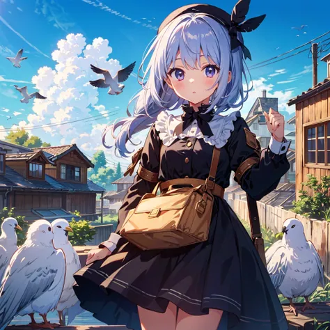 {{{Masterpiece, highest quality, high resolution background}}}, bright and beautiful atmosphere, 1 girl (7 years old, round face, baby face), small breasts, pigeon coop on the roof, many pigeons lined up neatly in the sky A carrier pigeon flies in the palm...