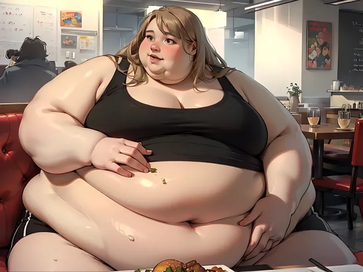 (masterpiece, detailed, realistic:1.2), young woman, eating junk food, ussbbw, (morbidly obese:1.5), detailed face, beautiful fa...