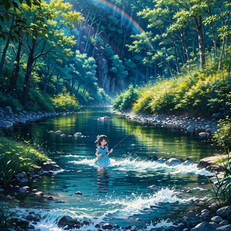 {{{Masterpiece, highest quality, high resolution background}}}, bright and beautiful atmosphere, 1 girl (7 years old, round face, baby face), small breasts, very beautiful clear stream, girl enjoying fly fishing, rainbow trout coming from the river Bouncin...