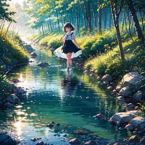 {{{Masterpiece, highest quality, high resolution background}}}, bright and beautiful atmosphere, 1 girl (7 years old, round face, baby face), small breasts, very beautiful clear stream, girl enjoying fly fishing, rainbow trout coming from the river Bouncin...