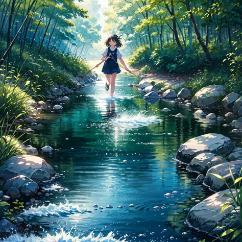 {{{Masterpiece, highest quality, high resolution background}}}, bright and beautiful atmosphere, 1 girl (7 years old, round face, baby face), small breasts, very beautiful clear stream, girl enjoying fly fishing, rainbow trout coming from the river Bouncin...