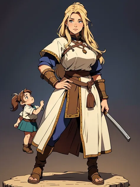 Sturdy viking woman standing beside a small dwarf woman