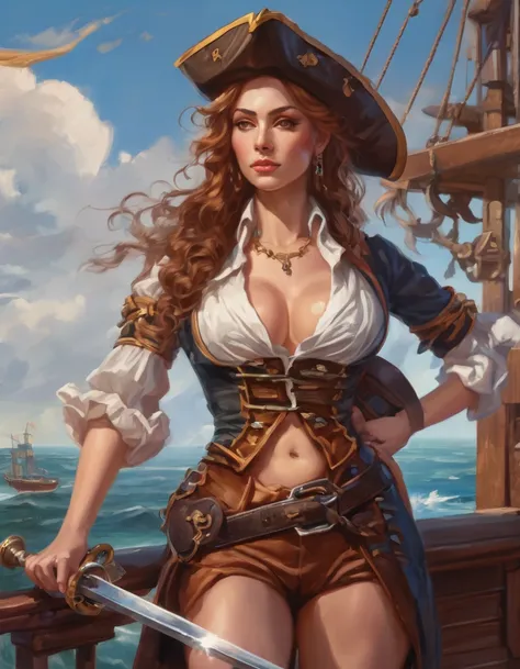 a portrait of a woman pirate holding a ((sword: 1.5)) on a pirate ship ready for battle, ((full body: 1.5)), ((anatomically correct: 1.5)), (ultra detailed face: 1.2), looking tense, looking dangerous,  dynamic eye color. dynamic hair color, dynamic hair s...