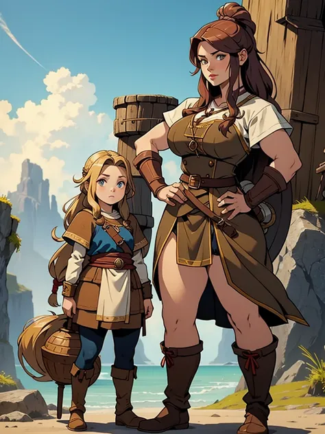 Sturdy viking woman standing beside a small dwarf woman