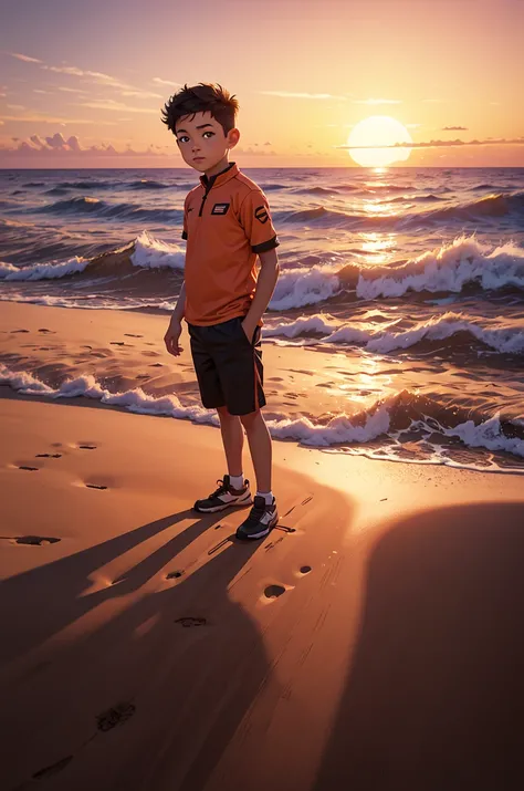 Change this boy background to a dune sunset professional product photography 