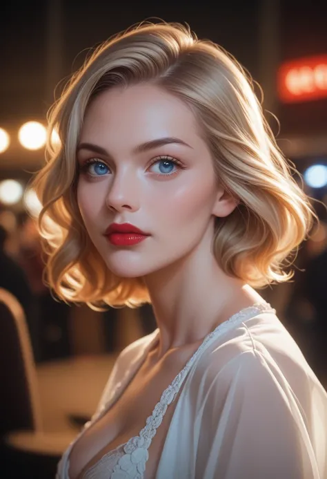 
18 year old blonde girl, Her hair is short and wavy, Her upper body, picture , Intense focus,Light on the face, Beautiful blue eyes, Cinema Lighting,Formal wear, Cherry red lips, she sings