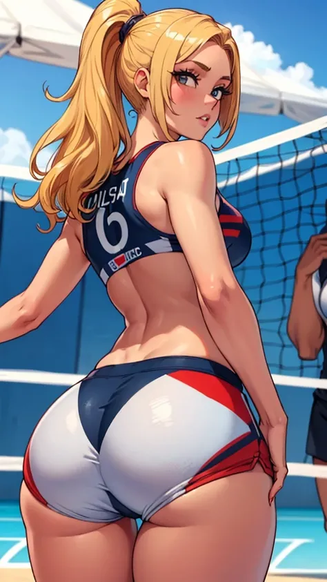 1woman, Olympics Team USA, showing off booty, looking back at camera over shoulder, small breasts, fit thick babe, perfect tanned skin, bright sunlight, beach volleyball olympics, booty shorts, Unbelievable sexy body, peak feminine perfection, blonde hair,...