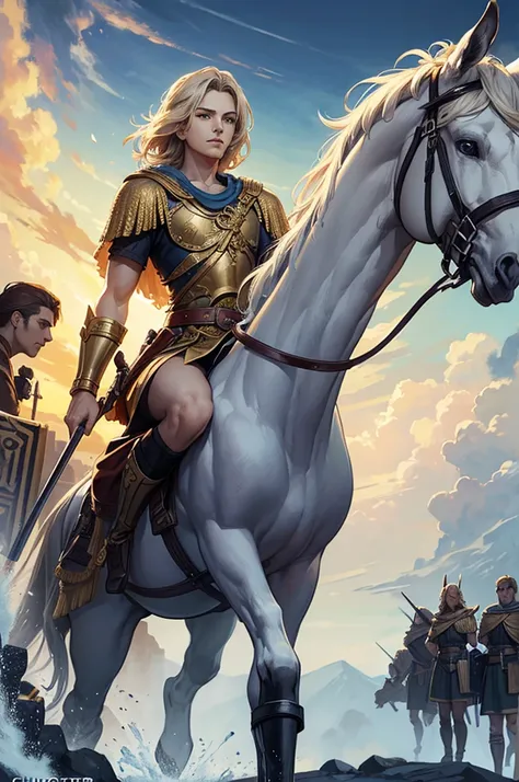 ((Best Quality)), ((artwork)), (detailed), Greek mythology, Alexander the Great leading from the front, with white clothes his troops on the battlefield character art by charlie bowater, comic artgerm, aly fell and artgerm,