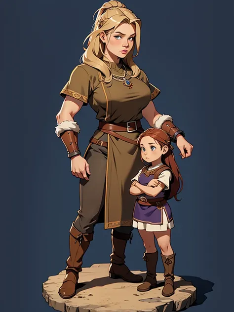 Sturdy viking woman standing beside a small dwarf woman