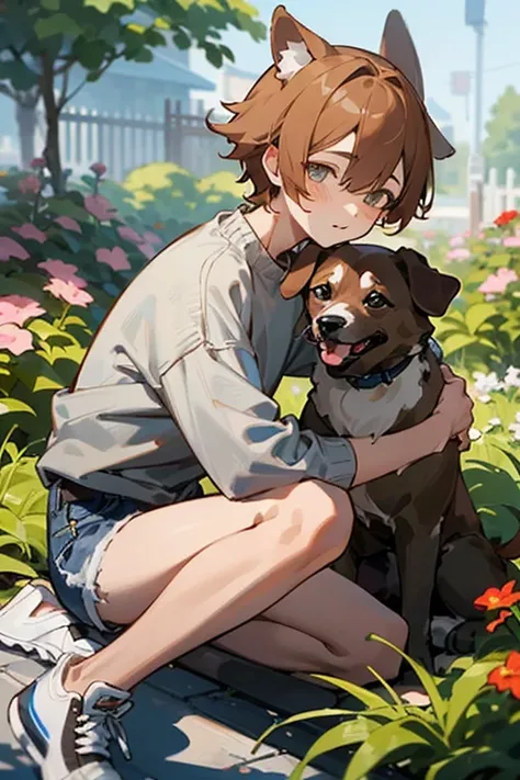 ((best qualityer)), ((work of art)), (detailded), 1 boy, chestnut hair, dog ears, eyes browns, white top, gray sweater, shorts jeans curtos, black sneakers, brown dog tail, Garden