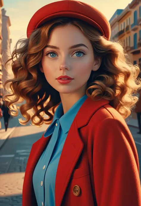 (best quality,4k,8k,highres,masterpiece:1.2),ultra-detailed,(realistic,photorealistic,photo-realistic:1.37),wes anderson style photo,35mm film,girl dressed in red with blue shoes and hat,golden light,serene faces,distinctive noses,cityscape photographer,cu...