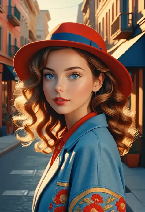 (best quality,4k,8k,highres,masterpiece:1.2),ultra-detailed,(realistic,photorealistic,photo-realistic:1.37),wes anderson style photo,35mm film,girl dressed in red with blue shoes and hat,golden light,serene faces,distinctive noses,cityscape photographer,cu...