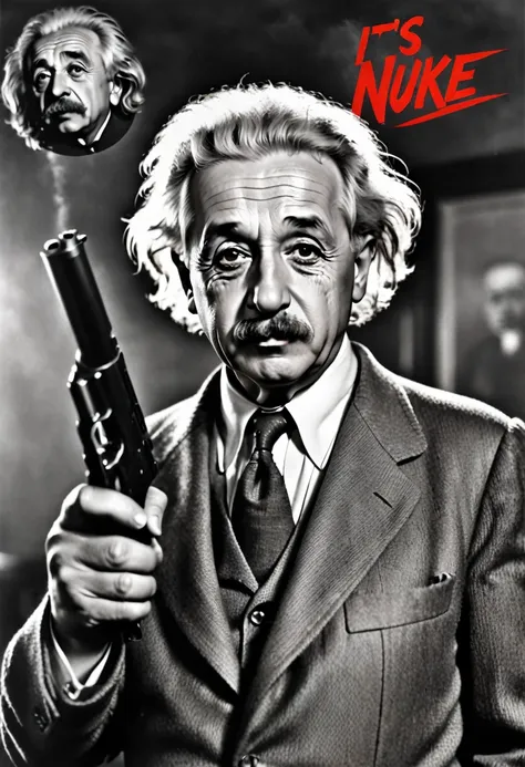 raw photo, meme, albert einstein holding a gun, albert einstein aiming a pistol at the viewer, detailed realistic, sign that say...