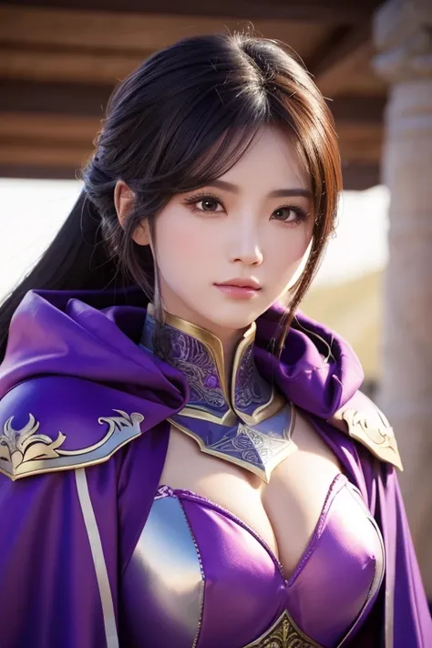 Close-up of a woman in armor and purple cloak, Koei Tecmo, Zhao Yun, China&#39;Three Kingdoms, Bianlian, Genghis Khan, Feng Shui, ponytail, Xianxia Hero, Chinaの戦士,