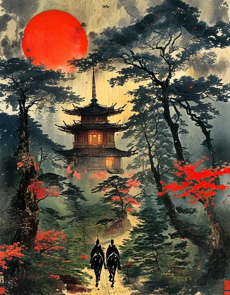 Japanese samurai walk through a forest, red sun in sky above pagoda in the far distance