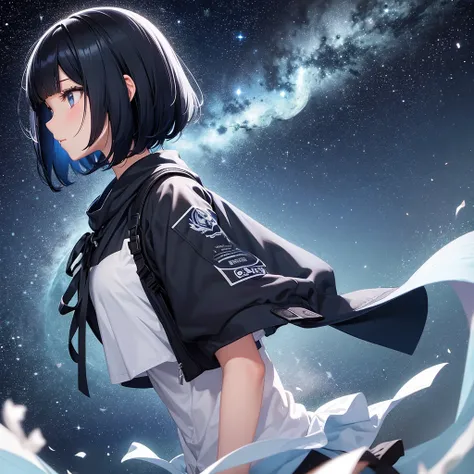 Profile of a high school girl with black bob hair. Looking at the starry sky at night. The girl is designed with a beautiful blue base.、Expressing youth and transience. Upper body only. Solo.