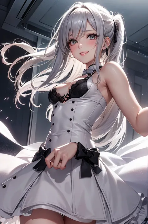 Best Quality,High resolution,8k,finelity detailed background,Masterpiece:1.2),beautiful girl,Glossy romance gray hair,pony tail,Gray eyes,Gentle look,A refreshing look,smile,Best quality,Best Quality,Aesthetic and aesthetic:1.2,Best details((Super detailed...