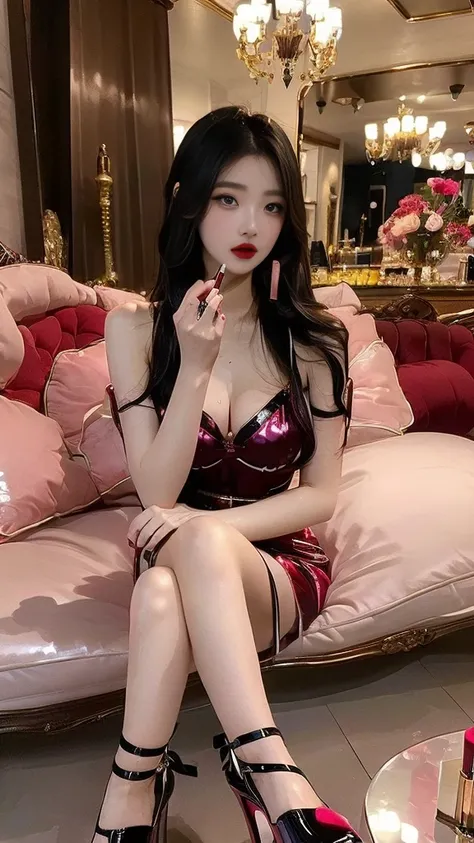  (high quality), (SFW:1.2), (a korean girl), (she is 24 years old), (she weared sexy feminine dress :1.4), (girls shiny stocking :1.3), (strappy high heel : 1.4), (girls accesary :1.1), (call girl), (she modifies her facial make up with lipstick and cosmet...